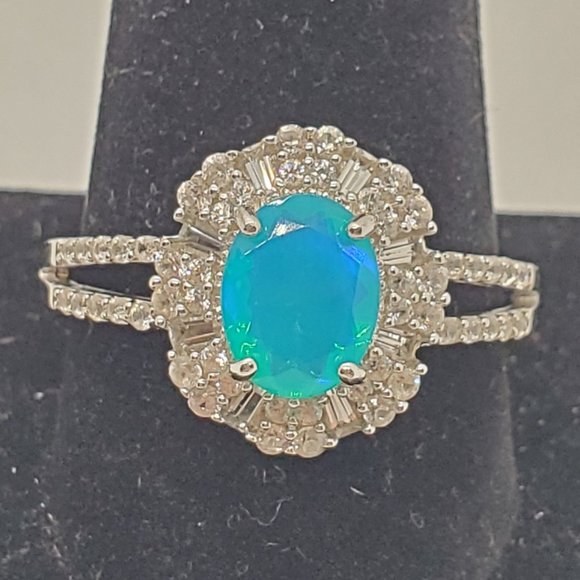 BLUE ETHIOPIAN OPAL, WHITE ZIRCON & WHITE TOPAZ STERLING RING size 12 - Picture 1 of 1